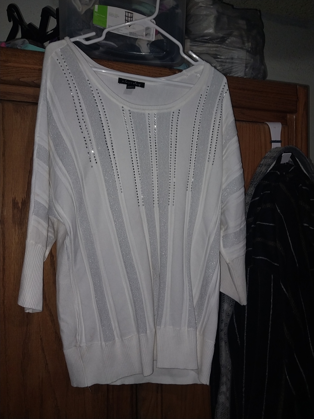 Alfani White Scoop-Neck Rhinestone Stripe Pullover